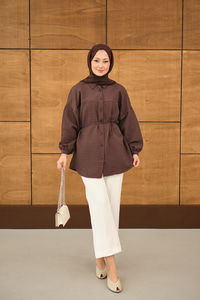 Kabartma Kare Desenli Gömlek Kahverengi