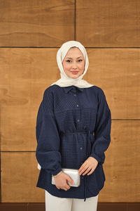 Kabartma Kare Desenli Gömlek Lacivert