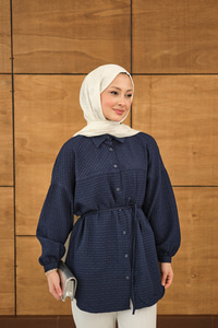 Kabartma Kare Desenli Gömlek Lacivert