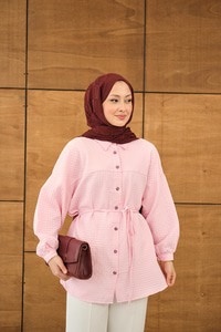 Kabartma Kare Desenli Gömlek Pembe