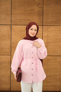 Kabartma Kare Desenli Gömlek Pembe