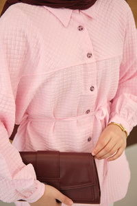 Kabartma Kare Desenli Gömlek Pembe