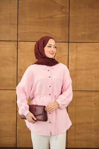 Kabartma Kare Desenli Gömlek Pembe