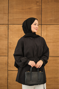 Kabartma Kare Desenli Gömlek Siyah