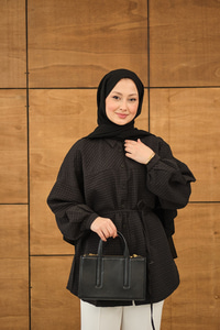 Kabartma Kare Desenli Gömlek Siyah