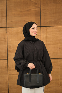 Kabartma Kare Desenli Gömlek Siyah