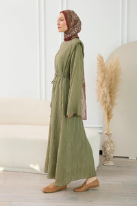 Kabartma Kumaş Vatkalı Elbise Haki Yeşil