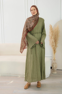 Kabartma Kumaş Vatkalı Elbise Haki Yeşil