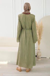 Kabartma Kumaş Vatkalı Elbise Haki Yeşil