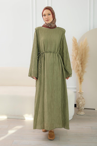 Kabartma Kumaş Vatkalı Elbise Haki Yeşil