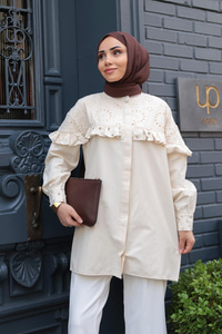 Kadın Brode Detay Taşlı Gömlek Krem
