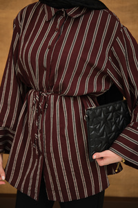 Kalın Çizgili Desenli Bel Bağlamalı Şifon Gömlek Bordo