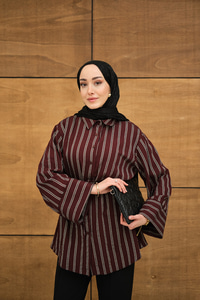 Kalın Çizgili Desenli Bel Bağlamalı Şifon Gömlek Bordo