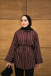 Kalın Çizgili Desenli Bel Bağlamalı Şifon Gömlek Bordo