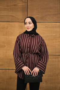 Kalın Çizgili Desenli Bel Bağlamalı Şifon Gömlek Bordo