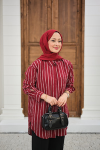 Kalın Çizgili Detay Gömlek Bordo