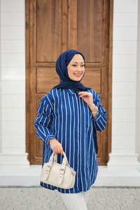 Kalın Çizgili Detay Gömlek Mavi