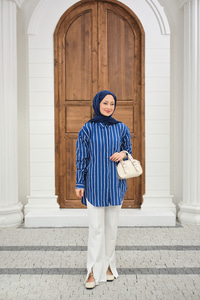 Kalın Çizgili Detay Gömlek Mavi