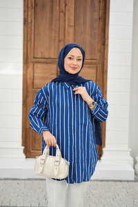 Kalın Çizgili Detay Gömlek Mavi