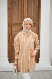 Kalın Çizgili Detay Gömlek Vizon