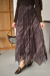 Kalın Fırça Desen Asimetrik Kesim Şifon Etek Kahverengi