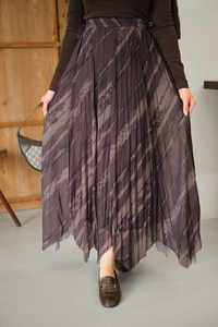 Kalın Fırça Desen Asimetrik Kesim Şifon Etek Kahverengi