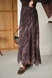 Kalın Fırça Desen Asimetrik Kesim Şifon Etek Kahverengi