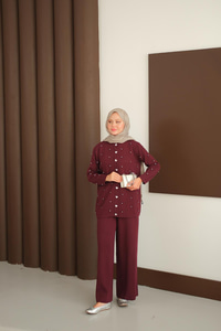 Kalp Düğme Detay Triko Takım Bordo