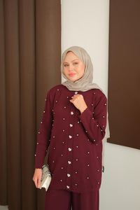 Kalp Düğme Detay Triko Takım Bordo