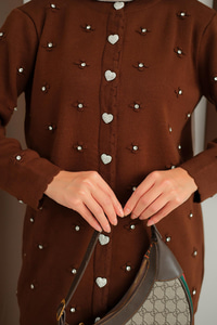 Kalp Düğme Detay Triko Takım Kahverengi