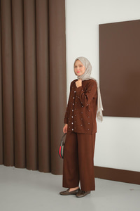 Kalp Düğme Detay Triko Takım Kahverengi