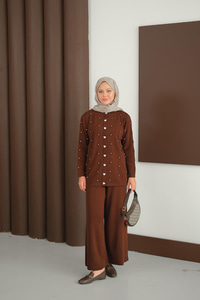 Kalp Düğme Detay Triko Takım Kahverengi