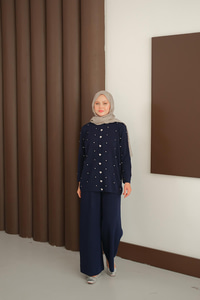 Kalp Düğme Detay Triko Takım Lacivert