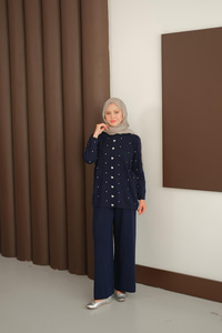 Kalp Düğme Detay Triko Takım Lacivert