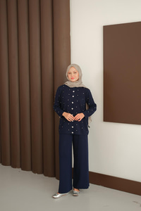 Kalp Düğme Detay Triko Takım Lacivert