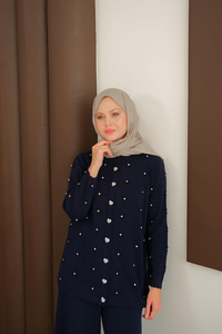 Kalp Düğme Detay Triko Takım Lacivert