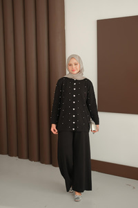 Kalp Düğme Detay Triko Takım Siyah