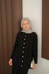 Kalp Düğme Detay Triko Takım Siyah