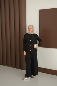 Kalp Düğme Detay Triko Takım Siyah