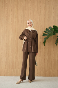 Kalp Düğme Kemer Detay Takım Kahverengi