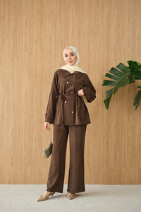 Kalp Düğme Kemer Detay Takım Kahverengi