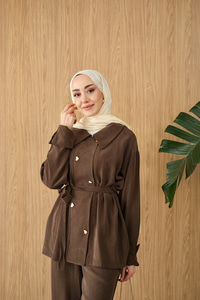 Kalp Düğme Kemer Detay Takım Kahverengi