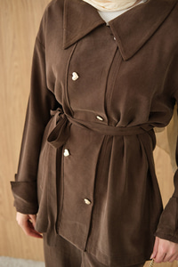 Kalp Düğme Kemer Detay Takım Kahverengi