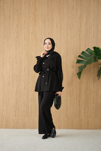 Kalp Düğme Kemer Detay Takım Siyah