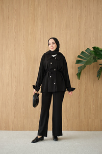 Kalp Düğme Kemer Detay Takım Siyah