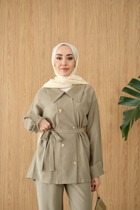 Kalp Düğme Kemer Detay Takım Yeşil