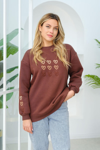 Kalp Nakışlı Sweat Kahverengi