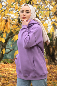 Kanguru Cep Kapüşonlu Sweat Lila