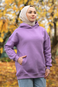 Kanguru Cep Kapüşonlu Sweat Lila