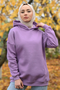 Kanguru Cep Kapüşonlu Sweat Lila